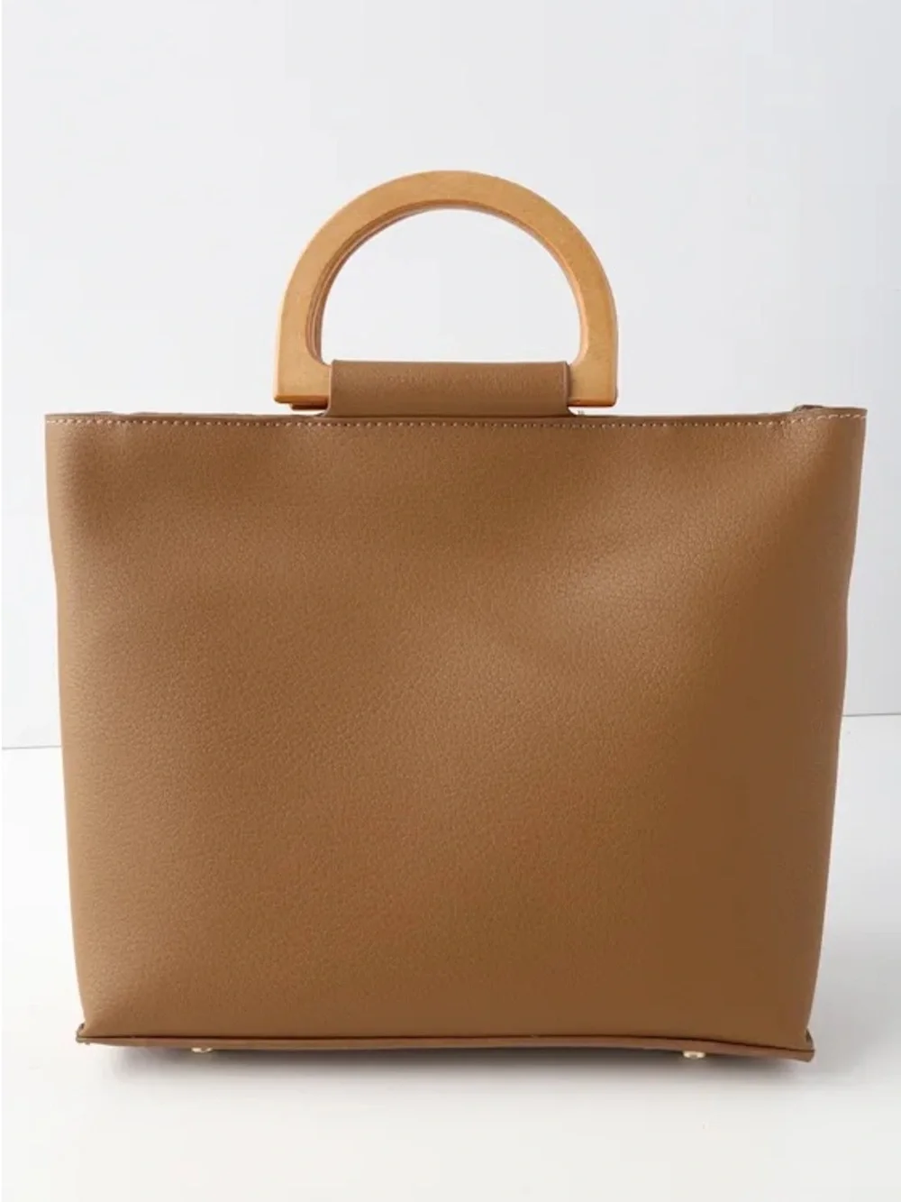 Brown purse with wooden tote handles